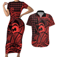 Koa Ikaika Warrior Helmet with Shark Couples Matching Short Sleeve Bodycon Dress and Hawaiian Shirt Red Kakau Style LT9 Red - Polynesian Pride