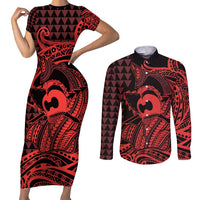 Koa Ikaika Warrior Helmet with Shark Couples Matching Short Sleeve Bodycon Dress and Long Sleeve Button Shirt Red Kakau Style LT9 Red - Polynesian Pride
