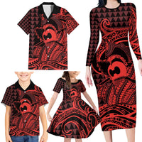 Koa Ikaika Warrior Helmet with Shark Family Matching Long Sleeve Bodycon Dress and Hawaiian Shirt Red Kakau Style LT9 - Polynesian Pride