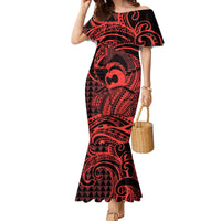 Koa Ikaika Warrior Helmet with Shark Family Matching Mermaid Dress and Hawaiian Shirt Red Kakau Style