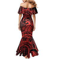 Koa Ikaika Warrior Helmet with Shark Family Matching Mermaid Dress and Hawaiian Shirt Red Kakau Style