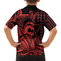 Koa Ikaika Warrior Helmet with Shark Family Matching Off Shoulder Maxi Dress and Hawaiian Shirt Red Kakau Style LT9 - Polynesian Pride