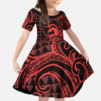 Koa Ikaika Warrior Helmet with Shark Family Matching Off Shoulder Maxi Dress and Hawaiian Shirt Red Kakau Style LT9 Daughter's Dress Red - Polynesian Pride
