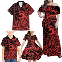 Koa Ikaika Warrior Helmet with Shark Family Matching Off Shoulder Maxi Dress and Hawaiian Shirt Red Kakau Style LT9 - Polynesian Pride