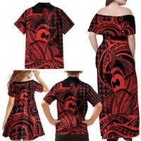 Koa Ikaika Warrior Helmet with Shark Family Matching Off Shoulder Maxi Dress and Hawaiian Shirt Red Kakau Style LT9 - Polynesian Pride