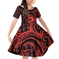 Koa Ikaika Warrior Helmet with Shark Family Matching Off Shoulder Short Dress and Hawaiian Shirt Red Kakau Style LT9 Daughter's Dress Red - Polynesian Pride