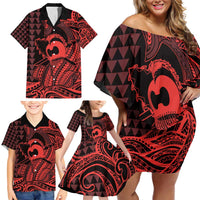 Koa Ikaika Warrior Helmet with Shark Family Matching Off Shoulder Short Dress and Hawaiian Shirt Red Kakau Style LT9 - Polynesian Pride
