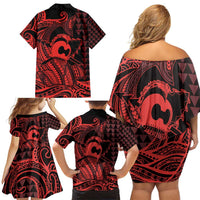 Koa Ikaika Warrior Helmet with Shark Family Matching Off Shoulder Short Dress and Hawaiian Shirt Red Kakau Style LT9 - Polynesian Pride