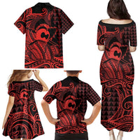Koa Ikaika Warrior Helmet with Shark Family Matching Puletasi and Hawaiian Shirt Red Kakau Style LT9 - Polynesian Pride