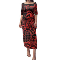 Koa Ikaika Warrior Helmet with Shark Family Matching Puletasi and Hawaiian Shirt Red Kakau Style LT9 Mom's Dress Red - Polynesian Pride