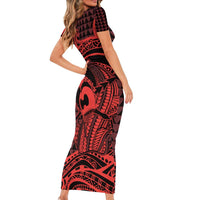 Koa Ikaika Warrior Helmet with Shark Family Matching Short Sleeve Bodycon Dress and Hawaiian Shirt Red Kakau Style LT9 - Polynesian Pride