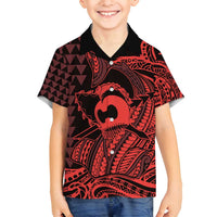 Koa Ikaika Warrior Helmet with Shark Family Matching Summer Maxi Dress and Hawaiian Shirt Red Kakau Style LT9 Son's Shirt Red - Polynesian Pride