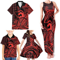 Koa Ikaika Warrior Helmet with Shark Family Matching Tank Maxi Dress and Hawaiian Shirt Red Kakau Style LT9 - Polynesian Pride
