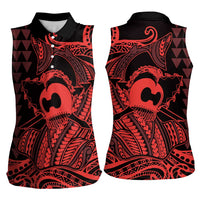 Koa Ikaika Warrior Helmet with Shark Women Sleeveless Polo Shirt Red Kakau Style