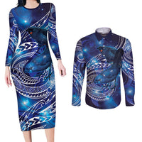 North Island Kokako and South Island Kokako Couples Matching Long Sleeve Bodycon Dress and Long Sleeve Button Shirt New Zealand Native Bird with Galaxy Vibe LT9 Galaxy - Polynesian Pride
