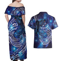 North Island Kokako and South Island Kokako Couples Matching Off Shoulder Maxi Dress and Hawaiian Shirt New Zealand Native Bird with Galaxy Vibe LT9 - Polynesian Pride