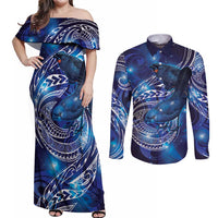 North Island Kokako and South Island Kokako Couples Matching Off Shoulder Maxi Dress and Long Sleeve Button Shirt New Zealand Native Bird with Galaxy Vibe LT9 Galaxy - Polynesian Pride