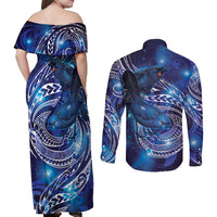 North Island Kokako and South Island Kokako Couples Matching Off Shoulder Maxi Dress and Long Sleeve Button Shirt New Zealand Native Bird with Galaxy Vibe LT9 - Polynesian Pride