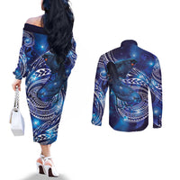 North Island Kokako and South Island Kokako Couples Matching Off The Shoulder Long Sleeve Dress and Long Sleeve Button Shirt New Zealand Native Bird with Galaxy Vibe LT9 - Polynesian Pride