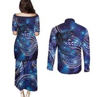 North Island Kokako and South Island Kokako Couples Matching Puletasi and Long Sleeve Button Shirt New Zealand Native Bird with Galaxy Vibe LT9 - Polynesian Pride