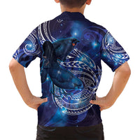 North Island Kokako and South Island Kokako Family Matching Off Shoulder Maxi Dress and Hawaiian Shirt New Zealand Native Bird with Galaxy Vibe LT9 - Polynesian Pride