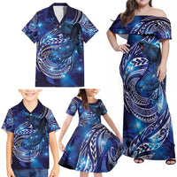 North Island Kokako and South Island Kokako Family Matching Off Shoulder Maxi Dress and Hawaiian Shirt New Zealand Native Bird with Galaxy Vibe LT9 - Polynesian Pride