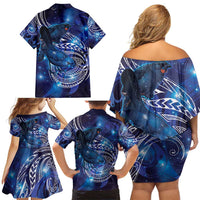North Island Kokako and South Island Kokako Family Matching Off Shoulder Short Dress and Hawaiian Shirt New Zealand Native Bird with Galaxy Vibe LT9 - Polynesian Pride
