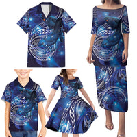 North Island Kokako and South Island Kokako Family Matching Puletasi and Hawaiian Shirt New Zealand Native Bird with Galaxy Vibe LT9 - Polynesian Pride