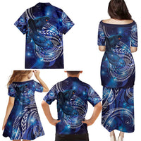 North Island Kokako and South Island Kokako Family Matching Puletasi and Hawaiian Shirt New Zealand Native Bird with Galaxy Vibe LT9 - Polynesian Pride