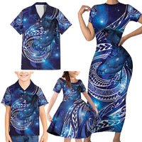 North Island Kokako and South Island Kokako Family Matching Short Sleeve Bodycon Dress and Hawaiian Shirt New Zealand Native Bird with Galaxy Vibe LT9 - Polynesian Pride