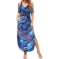 North Island Kokako and South Island Kokako Family Matching Summer Maxi Dress and Hawaiian Shirt New Zealand Native Bird with Galaxy Vibe LT9 Mom's Dress Galaxy - Polynesian Pride