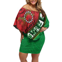 Personalised Cook Islands ANZAC 1915-2026 Filmstrip Off Shoulder Short Dress Lest We Forget 25 April LT9 Women Green - Polynesian Pride