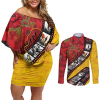 Personalised Niue ANZAC 1915-2026 Filmstrip Couples Matching Off Shoulder Short Dress and Long Sleeve Button Shirt Lest We Forget 25 April LT9 Gold - Polynesian Pride
