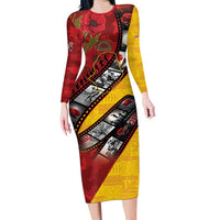 Personalised Niue ANZAC 1915-2026 Filmstrip Long Sleeve Bodycon Dress Lest We Forget 25 April LT9 Long Dress Gold - Polynesian Pride