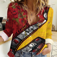 Personalised Niue ANZAC 1915-2026 Filmstrip Women Casual Shirt Lest We Forget 25 April LT9 Female Gold - Polynesian Pride