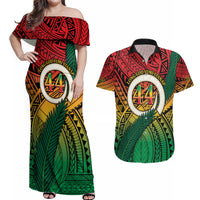 Personalised Vanuatu Yumi 44th Indipendens Dei Couples Matching Off Shoulder Maxi Dress and Hawaiian Shirt Vanuatuan Broad Tusk with Polynesian Tribal LT9 Reggae - Polynesian Pride