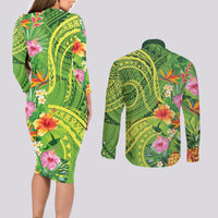 Polynesian Tribal Flower Tattoo Couples Matching Long Sleeve Bodycon Dress and Long Sleeve Button Shirt Special Lime Green Vibe LT9 - Polynesian Pride