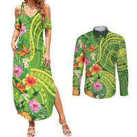 Polynesian Tribal Flower Tattoo Couples Matching Summer Maxi Dress and Long Sleeve Button Shirt Special Lime Green Vibe LT9 Lime Green - Polynesian Pride