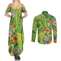 Polynesian Tribal Flower Tattoo Couples Matching Summer Maxi Dress and Long Sleeve Button Shirt Special Lime Green Vibe LT9 - Polynesian Pride