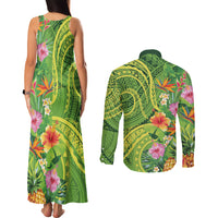 Polynesian Tribal Flower Tattoo Couples Matching Tank Maxi Dress and Long Sleeve Button Shirt Special Lime Green Vibe LT9 - Polynesian Pride