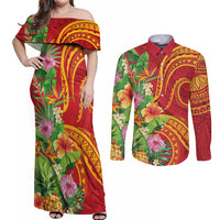 Polynesian Tribal Flower Tattoo Couples Matching Off Shoulder Maxi Dress and Long Sleeve Button Shirt Special Vermilion Vibe LT9 Brownish-red - Polynesian Pride