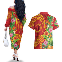 Polynesian Tribal Flower Tattoo Couples Matching Off The Shoulder Long Sleeve Dress and Hawaiian Shirt Special Vermilion Vibe LT9 - Polynesian Pride