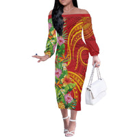 Polynesian Tribal Flower Tattoo Family Matching Off The Shoulder Long Sleeve Dress and Hawaiian Shirt Special Vermilion Vibe LT9 Mom's Dress Brownish-red - Polynesian Pride