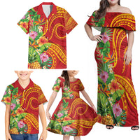 Polynesian Tribal Flower Tattoo Family Matching Off Shoulder Maxi Dress and Hawaiian Shirt Special Vermilion Vibe LT9 - Polynesian Pride