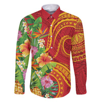 Polynesian Tribal Flower Tattoo Family Matching Short Sleeve Bodycon Dress and Hawaiian Shirt Special Vermilion Vibe LT9 Dad's Shirt - Long Sleeve Brownish-red - Polynesian Pride