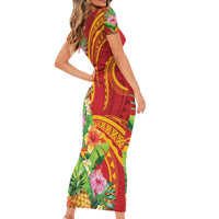 Polynesian Tribal Flower Tattoo Family Matching Short Sleeve Bodycon Dress and Hawaiian Shirt Special Vermilion Vibe LT9 - Polynesian Pride