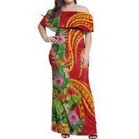 Polynesian Tribal Flower Tattoo Off Shoulder Maxi Dress Special Vermilion Vibe