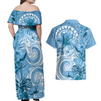 Polynesian Hibiscus Flower Tribal Couples Matching Off Shoulder Maxi Dress and Hawaiian Shirt Blue Color LT9 - Polynesian Pride