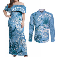 Polynesian Hibiscus Flower Tribal Couples Matching Off Shoulder Maxi Dress and Long Sleeve Button Shirt Blue Color LT9 Blue - Polynesian Pride