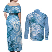 Polynesian Hibiscus Flower Tribal Couples Matching Off Shoulder Maxi Dress and Long Sleeve Button Shirt Blue Color LT9 - Polynesian Pride